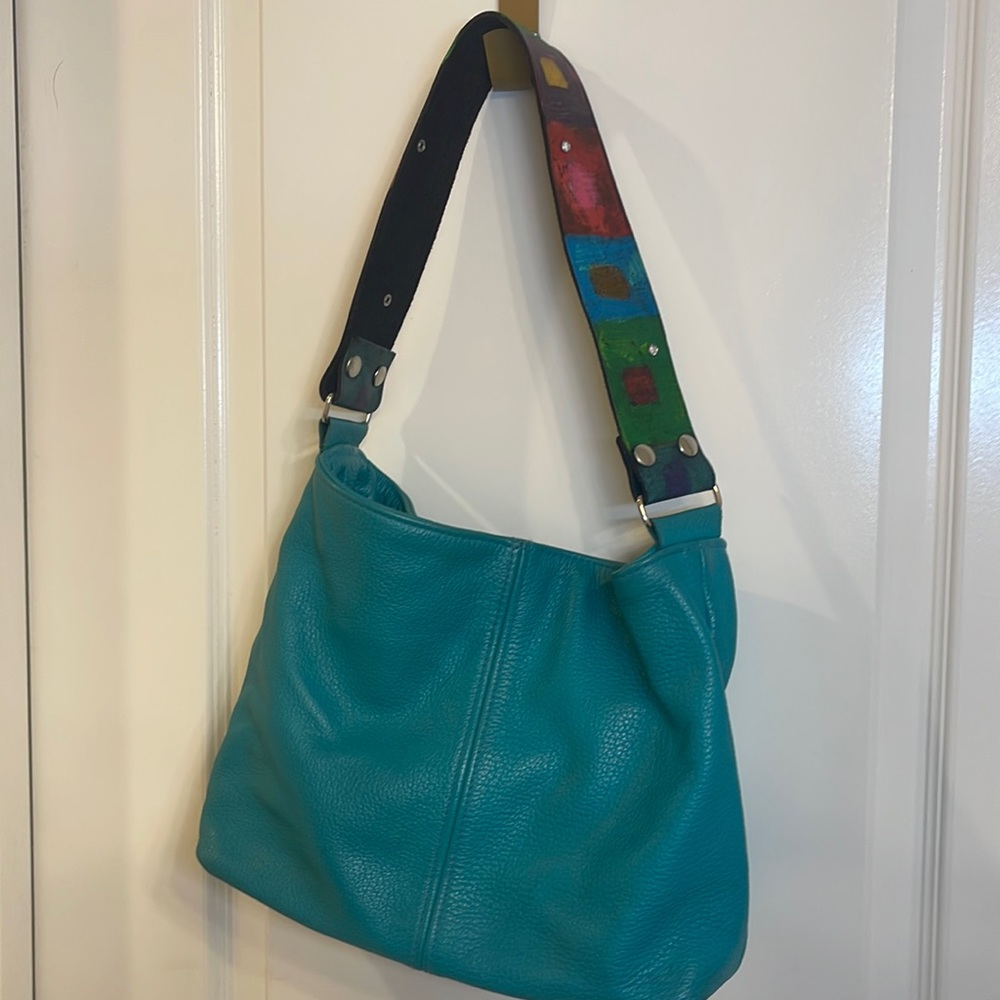 Teal Blue Katie Kalsi Hobo purse with extra strap.